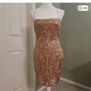 Windsor embroidered gold rose gold beige sequin mini dress bodycon mesh overlay